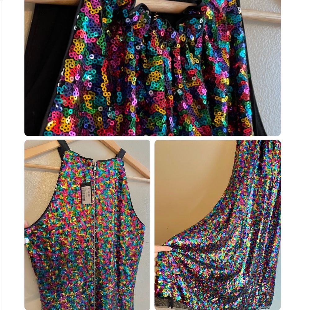 NWT (2) LE GALI rainbow sequin A line flare dress knee length high neck
